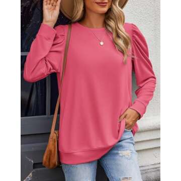 Zeagoo Womens Tops Puff Long Sleeve Shirts 2024 Fall Winter Casual Crew Neck Pullover Blouse Lightweight Soft Tunics, Rose Red, Large