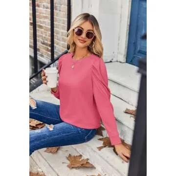 Zeagoo Womens Tops Puff Long Sleeve Shirts 2024 Fall Winter Casual Crew Neck Pullover Blouse Lightweight Soft Tunics, Rose Red, Large