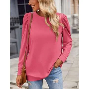 Zeagoo Womens Tops Puff Long Sleeve Shirts 2024 Fall Winter Casual Crew Neck Pullover Blouse Lightweight Soft Tunics, Rose Red, Large