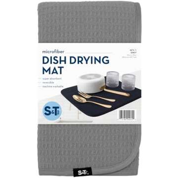 S&T INC. Dish Drying Mat, Highly Absorbent Microfiber Kitchen Counter Mat, Dish Drying Pad for Dishes, Utensils, Pots and Pans, Large 16" x 18", Grey