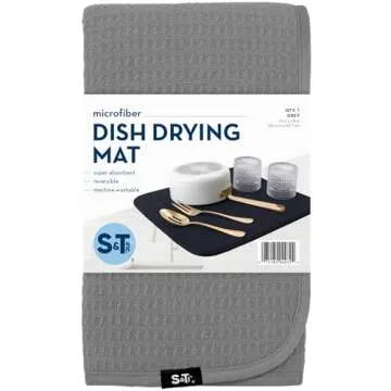 S&T INC. Dish Drying Mat, Highly Absorbent Microfiber Kitchen Counter Mat, Dish Drying Pad for Dishes, Utensils, Pots and Pans, Large 16" x 18", Grey