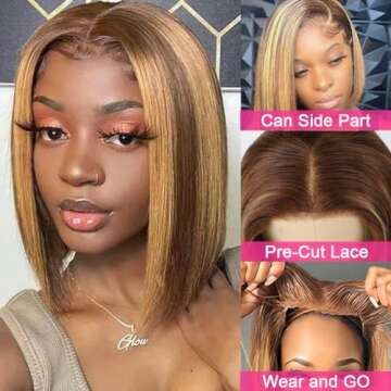 V SHOW Highlight Ombre Wear and Go Glueless Bob Wig Human Hair Pre Plucked Pre Cut Blonde 4/27 Trans...