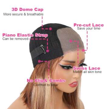 V SHOW Highlight Ombre Wear and Go Glueless Bob Wig Human Hair Pre Plucked Pre Cut Blonde 4/27 Transparent Lace Front Straight Short Bob Wig Human Hair Natural Hairline for Women 12Inch