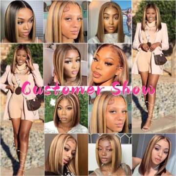 V SHOW Highlight Ombre Wear and Go Glueless Bob Wig Human Hair Pre Plucked Pre Cut Blonde 4/27 Transparent Lace Front Straight Short Bob Wig Human Hair Natural Hairline for Women 12Inch