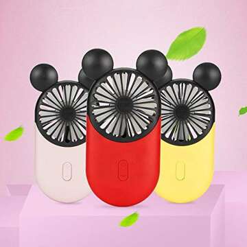Kbinter Cute Personal Mini Fan, Handheld & Portable USB Rechargeable Fan with Beautiful LED Light, 3 Adjustable Speeds, Portable Holder, for Indoor Or Outdoor Activities, Cute Mouse (Red)