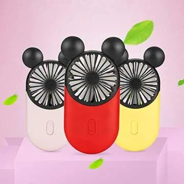 Kbinter Cute Personal Mini Fan, Handheld & Portable USB Rechargeable Fan with Beautiful LED Light, 3 Adjustable Speeds, Portable Holder, for Indoor Or Outdoor Activities, Cute Mouse (Red)