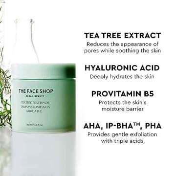 The Face Shop Tea Tree Toner Pads - Improve Uneven Skin Tone, Pore Minimizer - Exfoliating Dual Sided Toner Pad - AHA, BHA, PHA, Hyaluronic Acid - Cotton Facial Pad - Korean Toner - Korean Skin Care