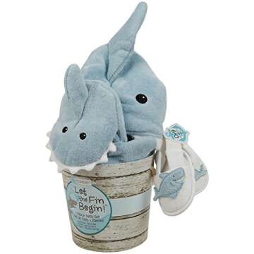 Baby Aspen Let The Fin Begin 4 Pc Bath Time Gift Set, Baby Shark Hooded Towel, Newborn, 0-9 Months, Blue
