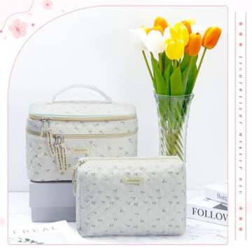 Zeyune 2 Pcs Cotton Quilted Makeup Bag for Women, Large Travel Coquette Cosmetic Bag, Aesthetic Cute Floral Toiletry Skincare Organizer(Double Layer Cherry Style)