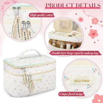 Zeyune 2 Pcs Cotton Quilted Makeup Bag for Women, Large Travel Coquette Cosmetic Bag, Aesthetic Cute Floral Toiletry Skincare Organizer(Double Layer Cherry Style)