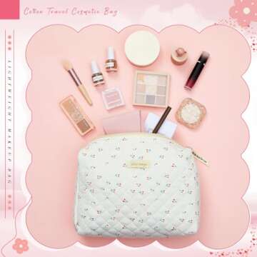 Zeyune 2 Pcs Cotton Quilted Makeup Bag for Women, Large Travel Coquette Cosmetic Bag, Aesthetic Cute Floral Toiletry Skincare Organizer(Double Layer Cherry Style)