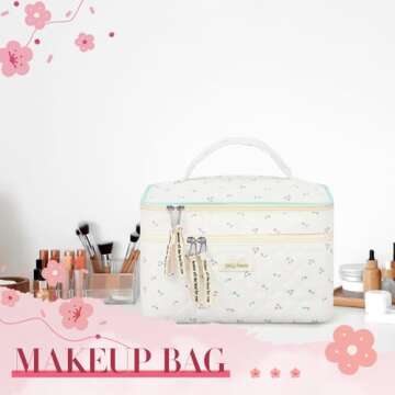 Zeyune 2 Pcs Cotton Quilted Makeup Bag for Women, Large Travel Coquette Cosmetic Bag, Aesthetic Cute Floral Toiletry Skincare Organizer(Double Layer Cherry Style)