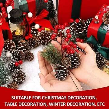 hatisan 115Pcs Christmas Pine Cones Berry Pine Branch Set White Christmas Decorations for DIY Crafts Home Xmas Tree Gift Party Supplies, Assorted Sizes