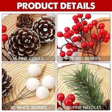 hatisan 115Pcs Christmas Pine Cones Berry Pine Branch Set White Christmas Decorations for DIY Crafts Home Xmas Tree Gift Party Supplies, Assorted Sizes