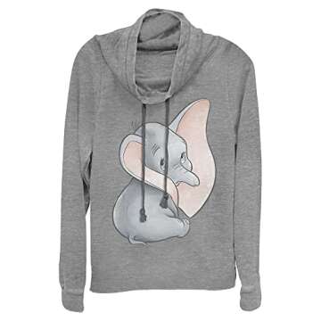 Disney womens Disney Dumbo Just Dumbo Women's Cowl Neck Long Sleeve Knit Top Shirt, Gray Heather, Me...