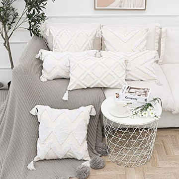 Boho White Lumbar Throw Pillow Cover 12x20 Inch with Tassels, Moroccan Tufted Cream Chenille Fabric Small Accent Textured Cushion Case for Bed Couch, 1 PC Cover Only No Insert
