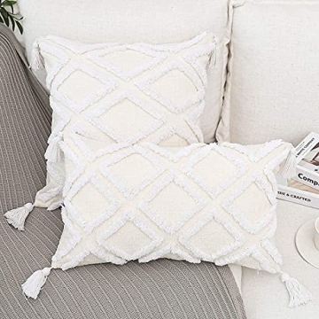 Boho White Lumbar Throw Pillow Cover 12x20 Inch with Tassels, Moroccan Tufted Cream Chenille Fabric Small Accent Textured Cushion Case for Bed Couch, 1 PC Cover Only No Insert