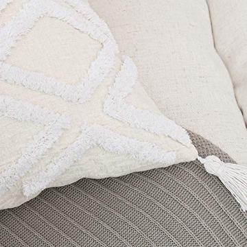 Boho White Lumbar Throw Pillow Cover 12x20 Inch with Tassels, Moroccan Tufted Cream Chenille Fabric Small Accent Textured Cushion Case for Bed Couch, 1 PC Cover Only No Insert