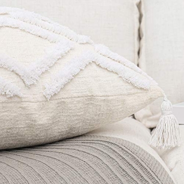 Boho White Lumbar Throw Pillow Cover 12x20 Inch with Tassels, Moroccan Tufted Cream Chenille Fabric Small Accent Textured Cushion Case for Bed Couch, 1 PC Cover Only No Insert