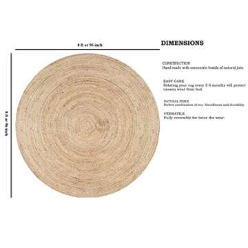 FRELISH DECOR Handwoven Jute Area Rug - 8 feet Round - Natural Yarn - Rustic Vintage Beige Braided R...