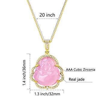 Jacruces Laughing Buddha Necklace for Women & Men Pink Green Jade Buddha Chain Pendant with 18k Gold Plated Chain Iced Out Bling Cubic Zirconia Lucky Necklace Jewelry Gift