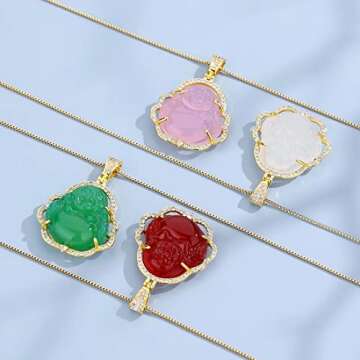 Jacruces Laughing Buddha Necklace for Women & Men Pink Green Jade Buddha Chain Pendant with 18k Gold Plated Chain Iced Out Bling Cubic Zirconia Lucky Necklace Jewelry Gift