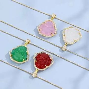 Jacruces Laughing Buddha Necklace for Women & Men Pink Green Jade Buddha Chain Pendant with 18k Gold Plated Chain Iced Out Bling Cubic Zirconia Lucky Necklace Jewelry Gift