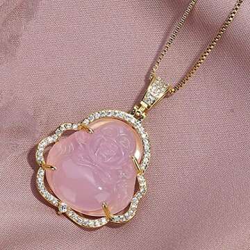 Jacruces Laughing Buddha Necklace for Women & Men Pink Green Jade Buddha Chain Pendant with 18k Gold Plated Chain Iced Out Bling Cubic Zirconia Lucky Necklace Jewelry Gift