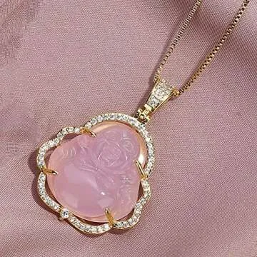 Jacruces Laughing Buddha Necklace for Women & Men Pink Green Jade Buddha Chain Pendant with 18k Gold Plated Chain Iced Out Bling Cubic Zirconia Lucky Necklace Jewelry Gift