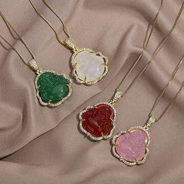 Jacruces Laughing Buddha Necklace for Women & Men Pink Green Jade Buddha Chain Pendant with 18k Gold Plated Chain Iced Out Bling Cubic Zirconia Lucky Necklace Jewelry Gift