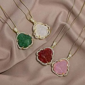 Jacruces Laughing Buddha Necklace for Women & Men Pink Green Jade Buddha Chain Pendant with 18k Gold Plated Chain Iced Out Bling Cubic Zirconia Lucky Necklace Jewelry Gift
