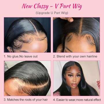 Amznlady V Part Wigs Straight Brazilian Virgin Human Hair Wigs for Black Women Upgrade U Part Wigs Glueless Full Head Clip In Half Wig V Shape Wigs No Leave Out 180% Density Natural Color 18"