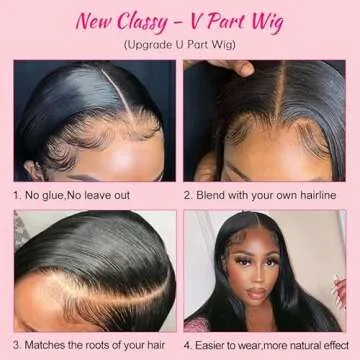 Amznlady V Part Wigs Straight Brazilian Virgin Human Hair Wigs for Black Women Upgrade U Part Wigs Glueless Full Head Clip In Half Wig V Shape Wigs No Leave Out 180% Density Natural Color 18"