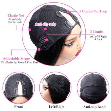 Amznlady V Part Wigs Straight Brazilian Virgin Human Hair Wigs for Black Women Upgrade U Part Wigs Glueless Full Head Clip In Half Wig V Shape Wigs No Leave Out 180% Density Natural Color 18"