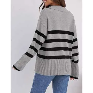 ZESICA Women's Winter Sweaters Lapel V Neck Long Sleeve Striped Chunky Knit Oversized Pullover Sweater Jumper Tops,Grey,Medium