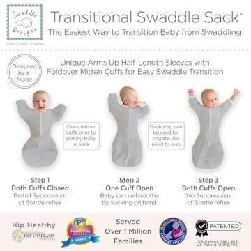 SwaddleDesigns Transitional Swaddle Sack with Arms Up Half-Length Sleeves and Mitten Cuffs, Small, 0-3 Months, 6-14 Lbs, Tiny Arrows (Arms Up Swaddle, Transition Swaddle Sleep Sack for Better Sleep)