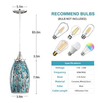 COOSA 1-Light Pendant Light, Handcrafted Art Glass Hanging Light with Brushed Nickel Finished Adjustable Cord for Kitchen Island (Blue)