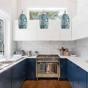 COOSA 1-Light Pendant Light, Handcrafted Art Glass Hanging Light with Brushed Nickel Finished Adjustable Cord for Kitchen Island (Blue)