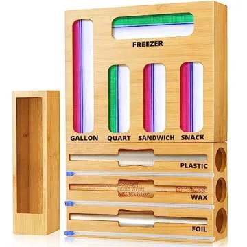 Bag Storage Organizer with Foil and Saran Wrap Dispenser With Cutter For Kitchen Drawer - 9 in 1 Bam...