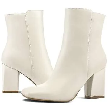 mysoft Women's GoGo Boots Square Toe Side Zipper Ankle Boots Chunky Block Heel Mid Calf Low Heeled Short Booties