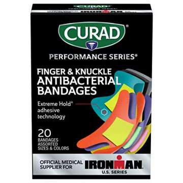 CURAD Performance Series IRONMAN Antibacterial Bandages, Extreme Hold Adhesive Technology, Finger & Knuckle Bandages, Flexible Fabric, Variety Pack with Assorted Sizes & Colors, 20 Count