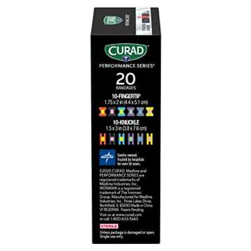 CURAD Performance Series IRONMAN Antibacterial Bandages, Extreme Hold Adhesive Technology, Finger & Knuckle Bandages, Flexible Fabric, Variety Pack with Assorted Sizes & Colors, 20 Count