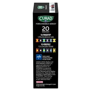CURAD Performance Series IRONMAN Antibacterial Bandages, Extreme Hold Adhesive Technology, Finger & Knuckle Bandages, Flexible Fabric, Variety Pack with Assorted Sizes & Colors, 20 Count