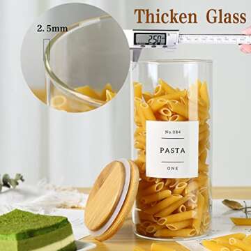 CZSZYGHBAO 5 Pack Glass Jars with Bamboo Airtight Lids - Stackable Food Storage Containers with 132 Pantry Labels - with Wood Lid for Candy, Cookie, Rice, Sugar, Flour, Pasta, Nuts