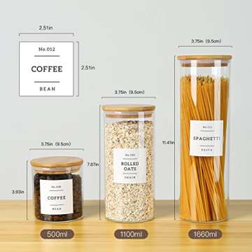 CZSZYGHBAO 5 Pack Glass Jars with Bamboo Airtight Lids - Stackable Food Storage Containers with 132 Pantry Labels - with Wood Lid for Candy, Cookie, Rice, Sugar, Flour, Pasta, Nuts