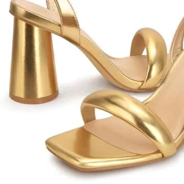 Viciously Vixen Women's Block High Heels Square Open Toe Strappy Sandals Party Wedding Ankle Strap Shoes, Gold, 8