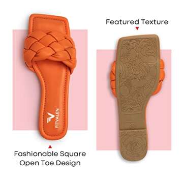 FITVALEN Braided Sandals for Women, Women's Square Open Toe Slide Sandals Comfort Woven Strap Flat Sandals for Summer Beach Daily Wear Wedding Party (Orange, numeric_6)