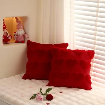 LOMCHEN Valentines Day Throw Pillow Covers 18x18 inch Set of 2 for Valentines Day Decorations Valentines Red Soft Plush Faux Fur Wool Love Heart Pillow Covers for Sofa Living Room Couch Bed