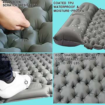 ABTOHE Double Sleeping Pad Camping, Self Inflating 4'' Extra-Thick 2 Person Pillow Built-in Foot Pump Waterproof Inflatable Sleeping Mat Backpacking, Tent, Hiking, Portable Camping Pad (Grey-Full)