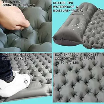 ABTOHE Double Sleeping Pad Camping, Self Inflating 4'' Extra-Thick 2 Person Pillow Built-in Foot Pump Waterproof Inflatable Sleeping Mat Backpacking, Tent, Hiking, Portable Camping Pad (Grey-Full)